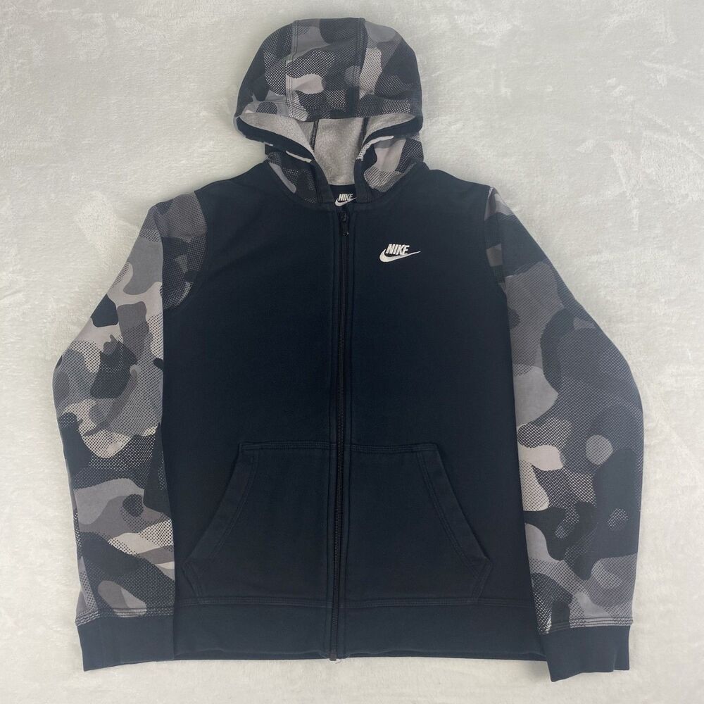 Nike Jacket Boys Youth Extra Large Black Camo Zip Up Hoodie Logo Casual Outdoors